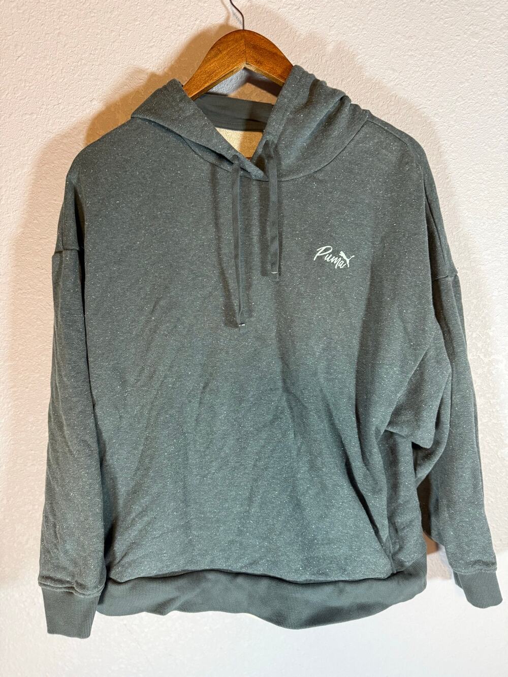 Puma XL Heathered Gray Teal Pullover Hoodie Script Logo